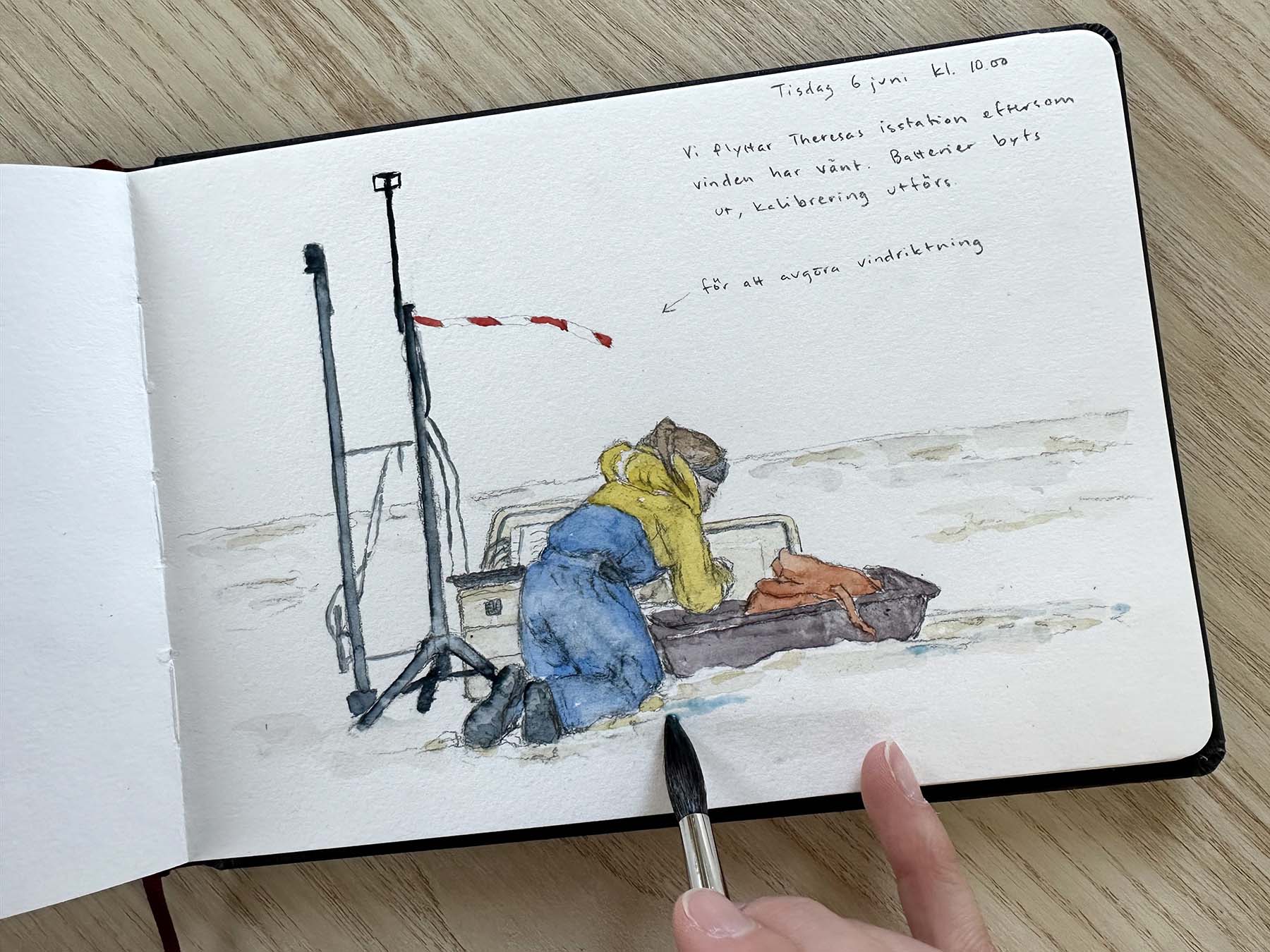 Forskare står på knä, lutad över sin utrustning på isen. 