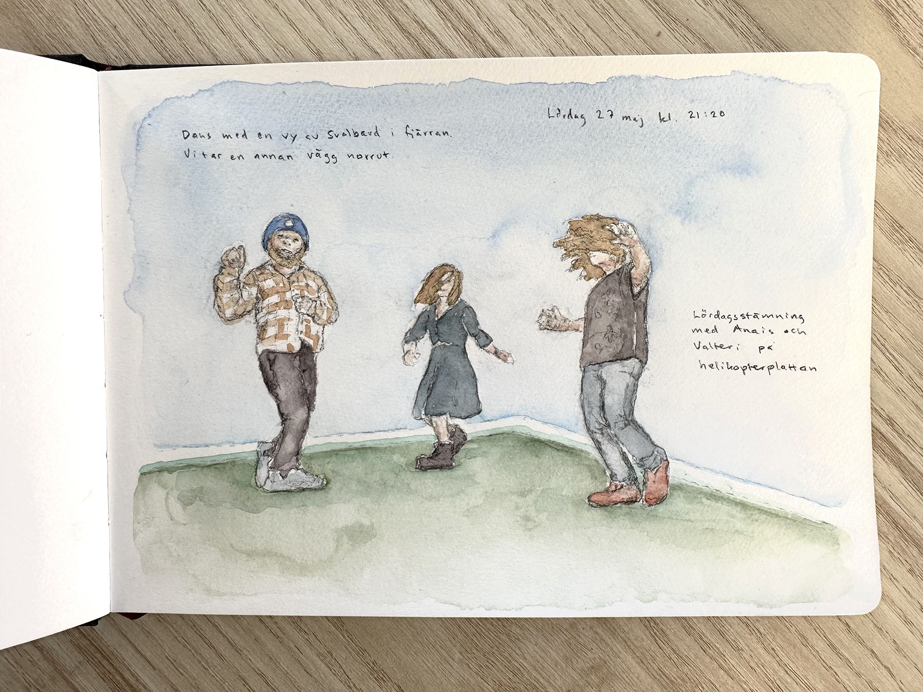 Teckning/akvarell av tre personer som dansar.