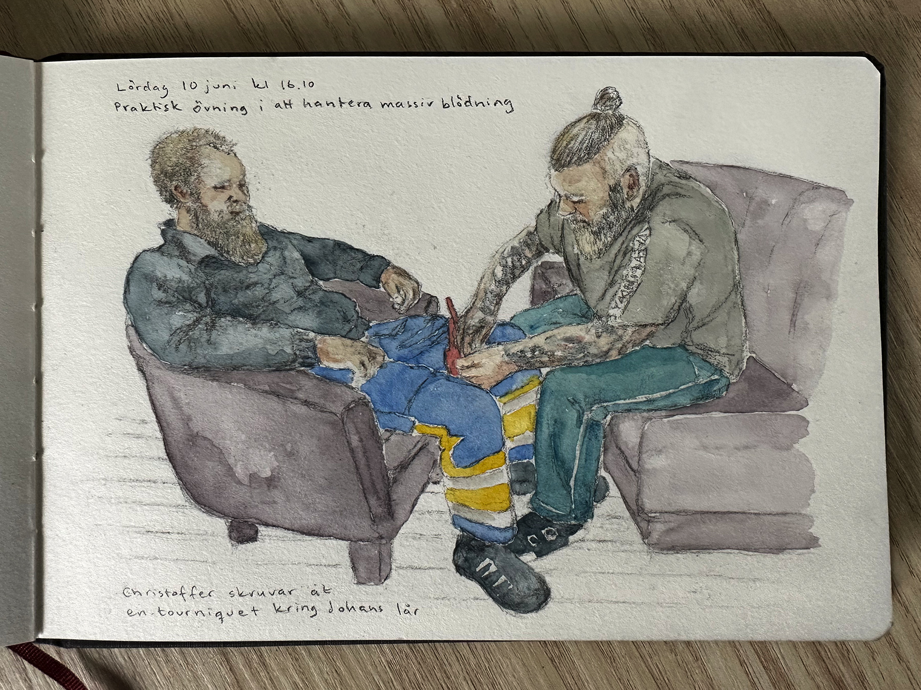 Två personer sitter mitt emot varandra och övar på att stoppa en blödning med ett band