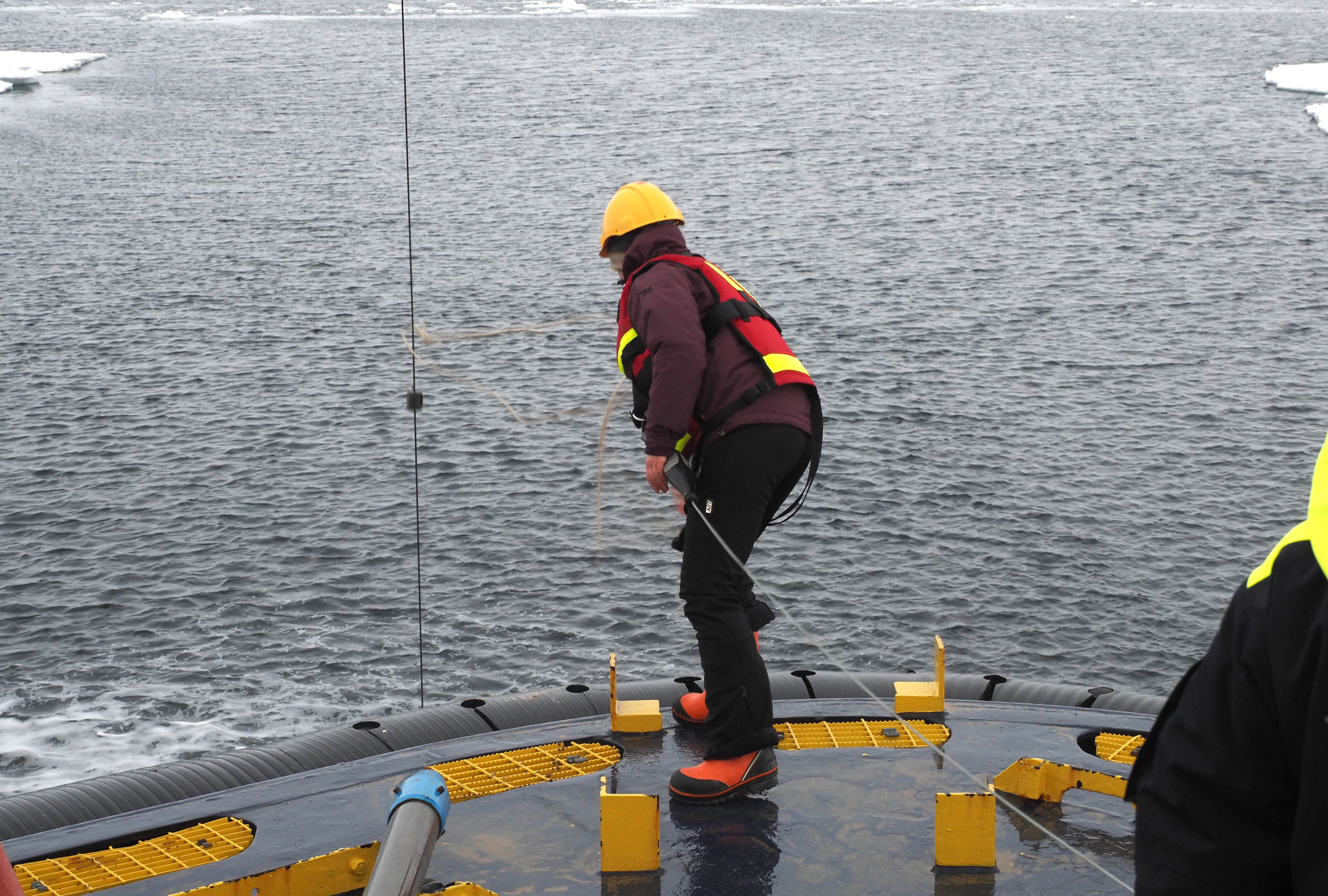 En liten vikt släpps ner längs vajern och ser till att GoFlo-flaskan stängs på rätt djup.