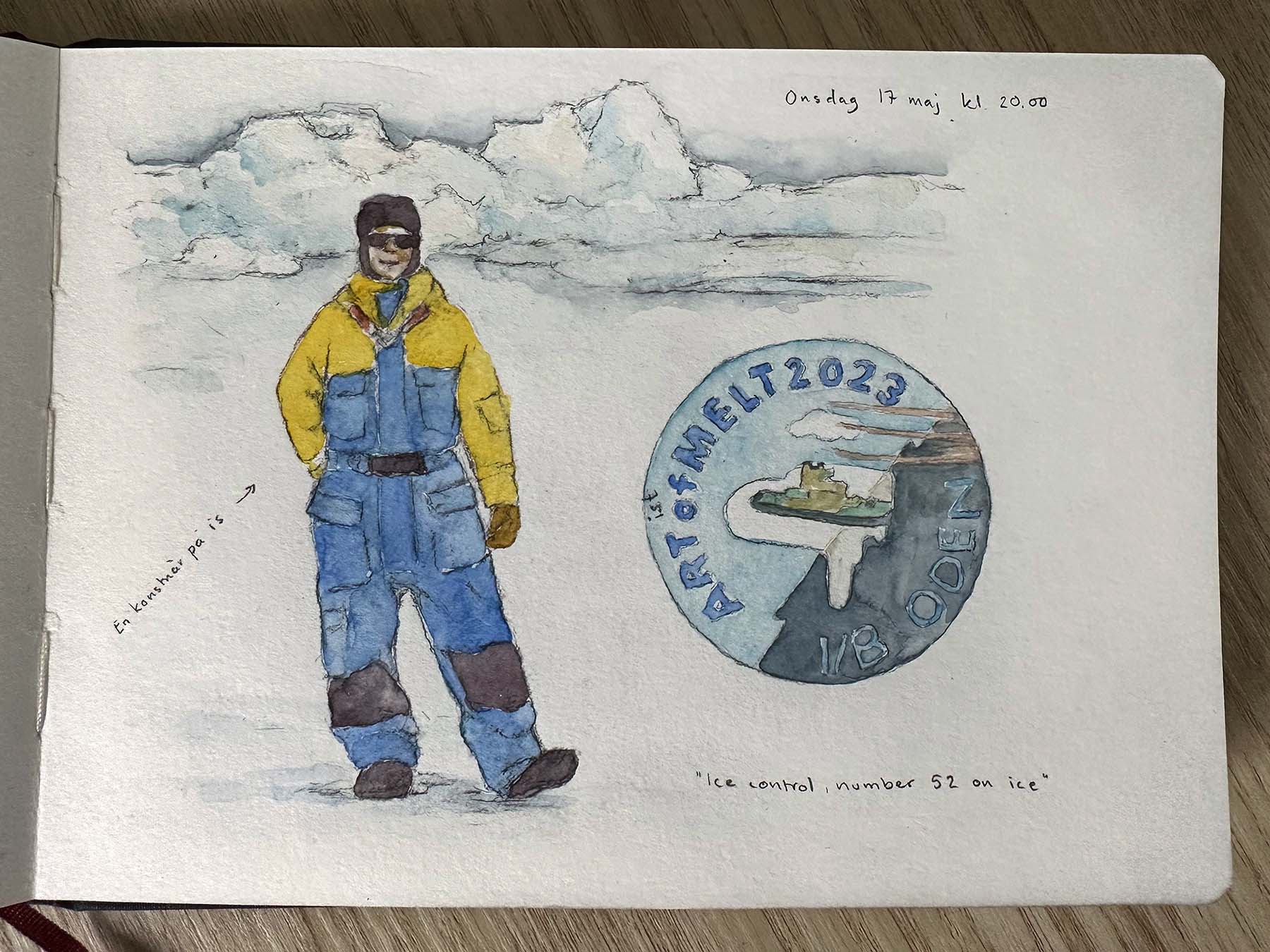 Person i blå och gul overall på isen