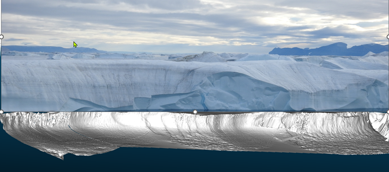 3D-rendering av undervattensdelen av ett isberg med relativt platt hylla på cirka 12 meters djup.